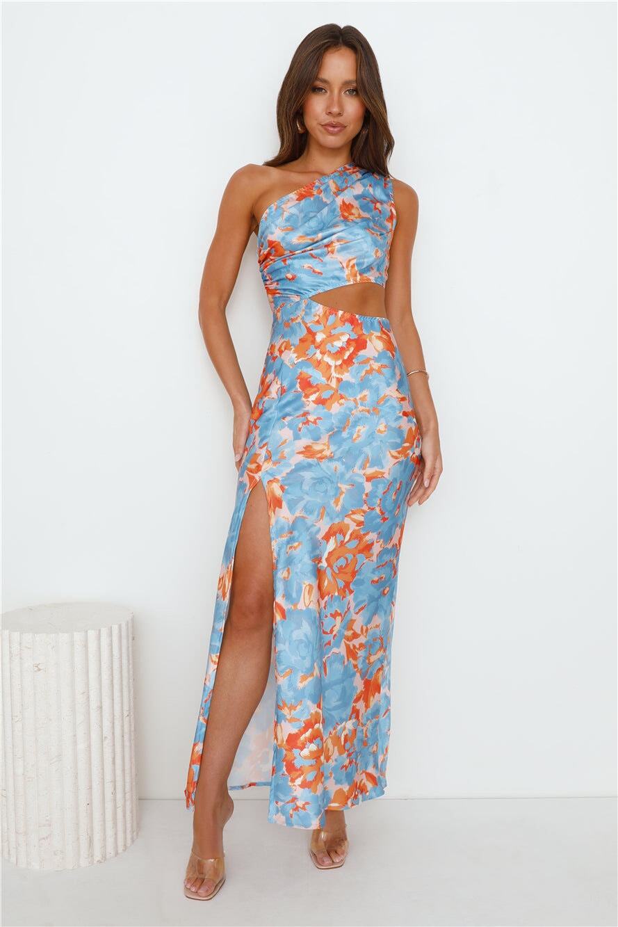 NWOT Hello Molly Poker Play Satin Maxi Dress Blue Size Small
